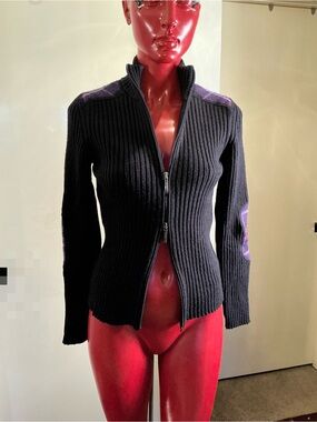 Burberry Black Ribbed Zip Cardigan with Purple Accents